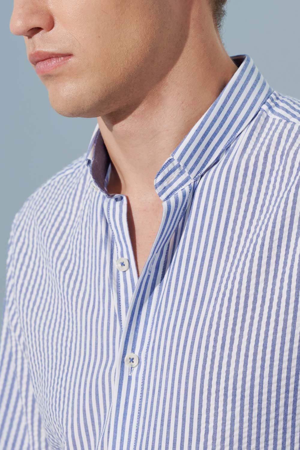 SST&C Seersucker Blue and White Striped Pattern Standard Fit Shirt | 0312302002  (Outlet)_5