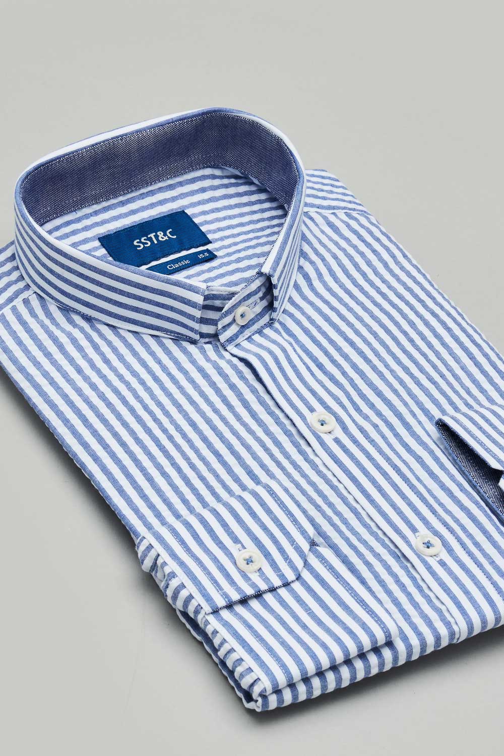SST&C Seersucker Blue and White Striped Pattern Standard Fit Shirt | 0312302002  (Outlet)_7