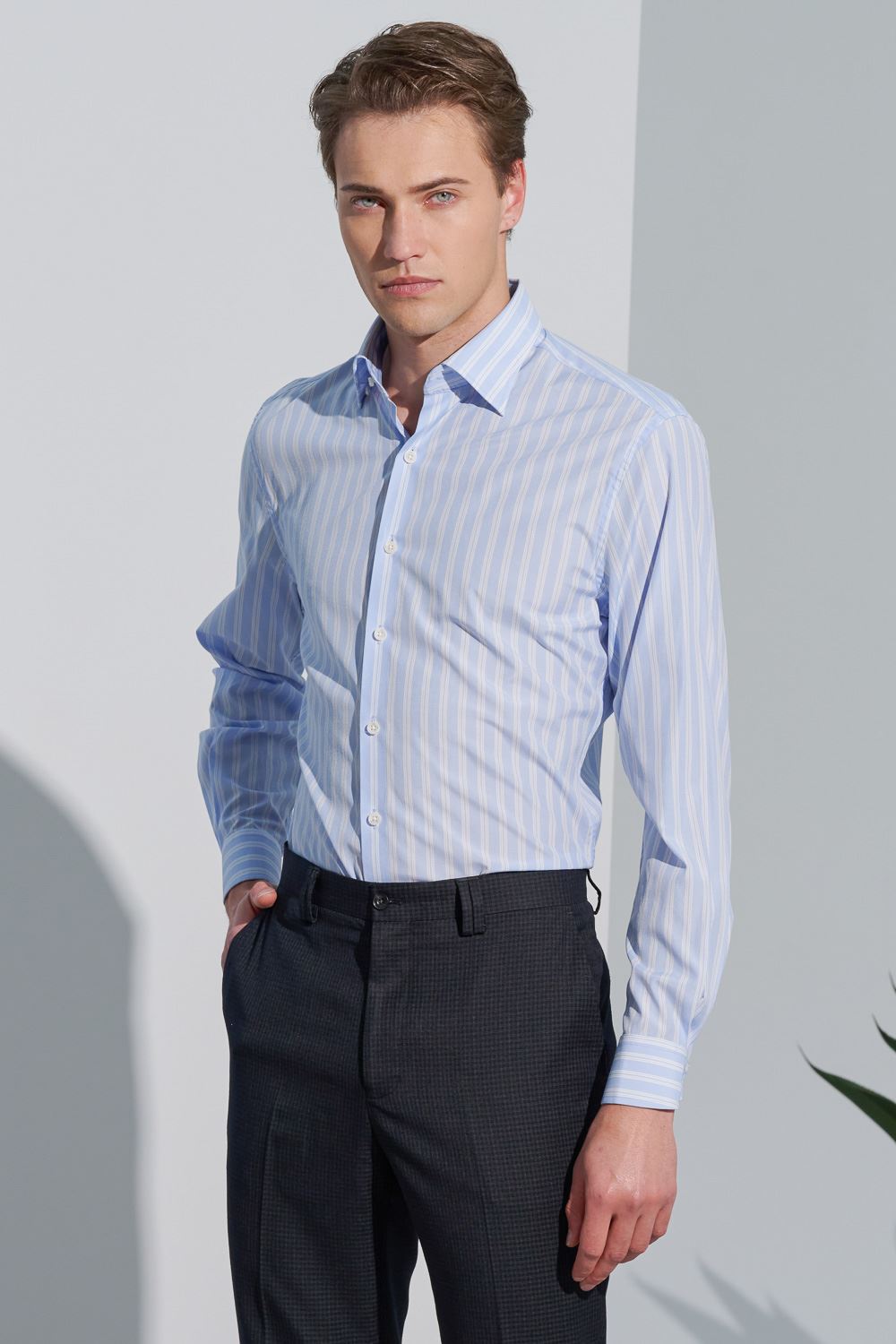 SST&C Tencel Cotton Blue and White Striped Pattern Standard Shirt | 0312302004  (Outlet)_0