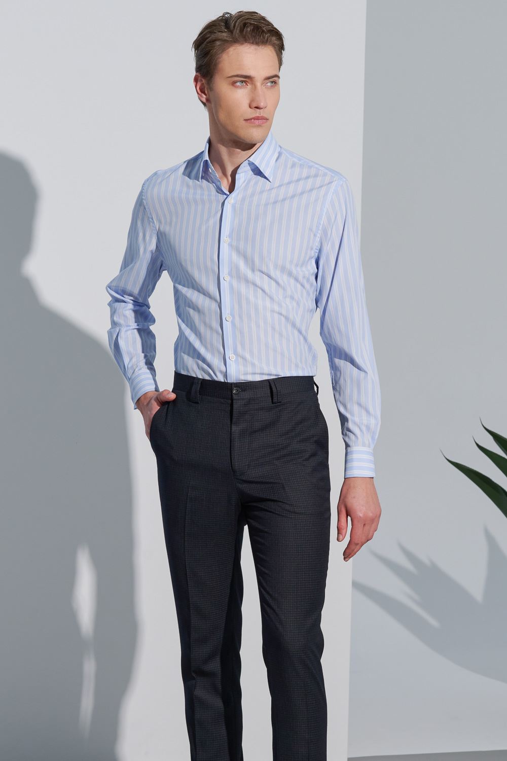 SST&C Tencel Cotton Blue and White Striped Pattern Standard Shirt | 0312302004  (Outlet)_2