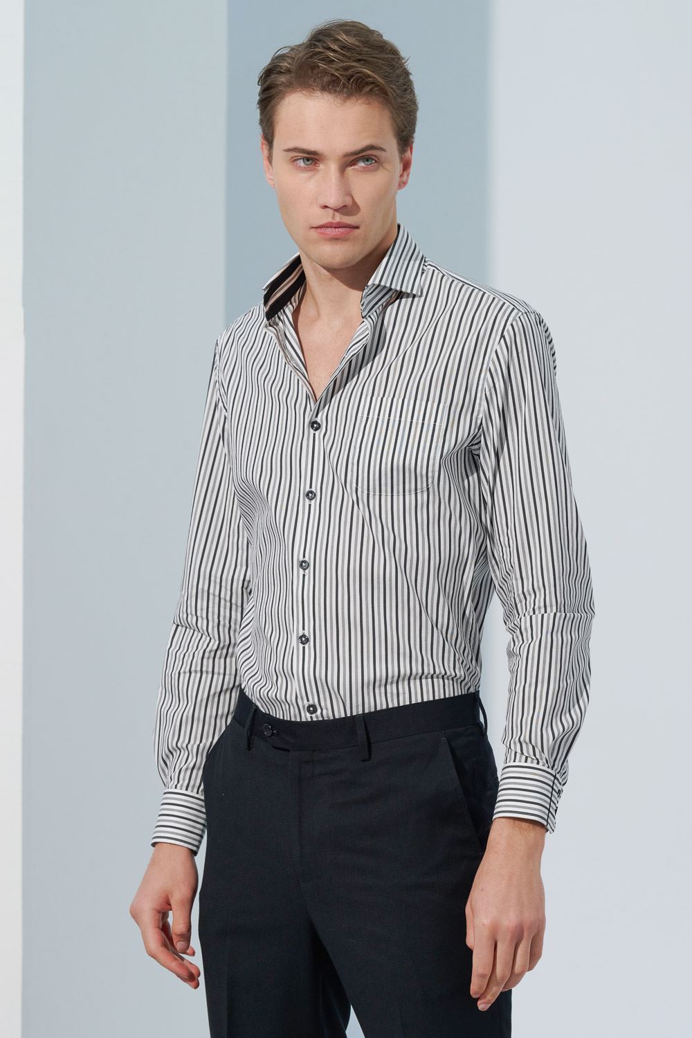 SST&C #Elastic Fit  Designer Black and White Striped Pattern Slim Fit Shirt | 0312302007  (Outlet)_0