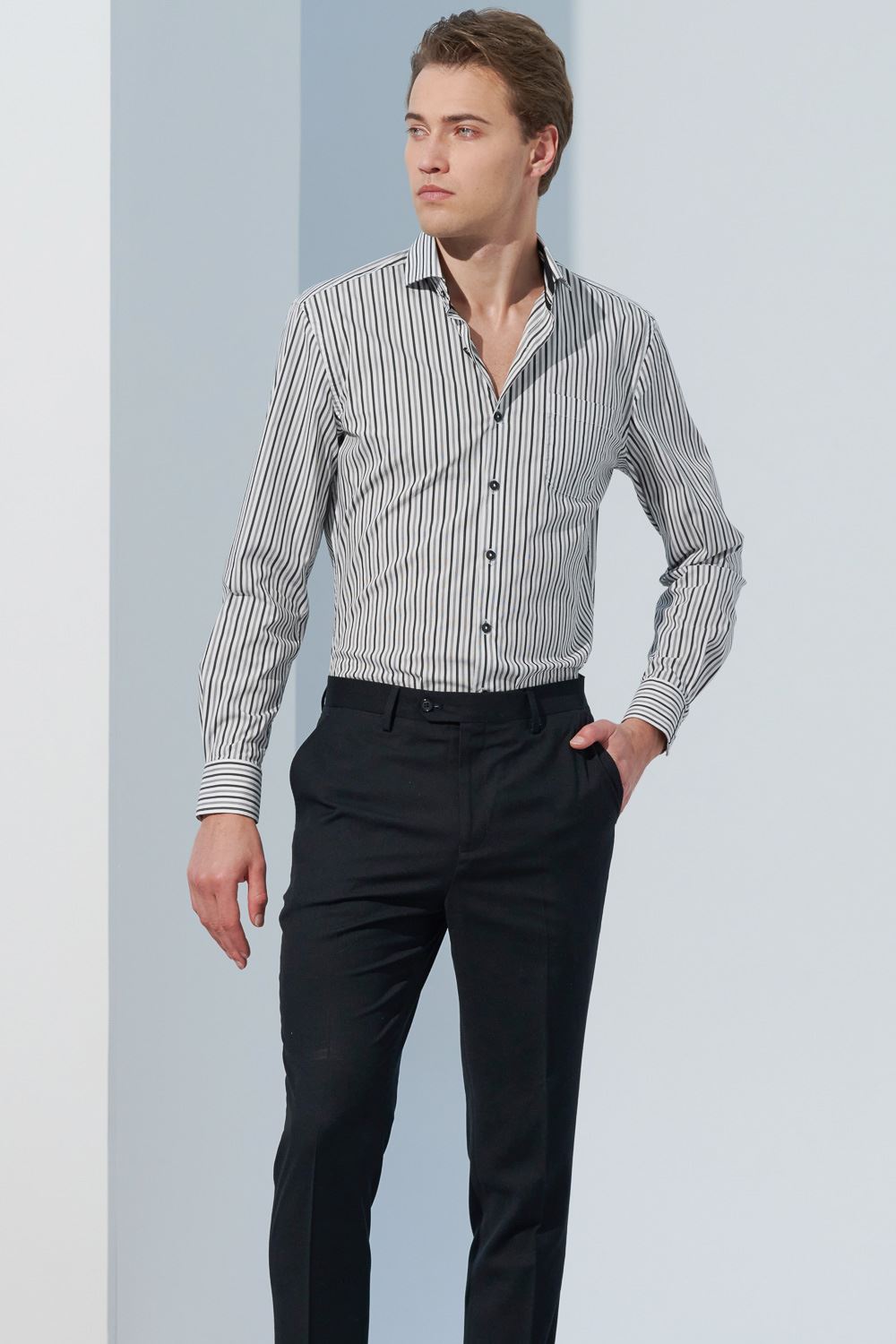SST&C #Elastic Fit  Designer Black and White Striped Pattern Slim Fit Shirt | 0312302007  (Outlet)_3