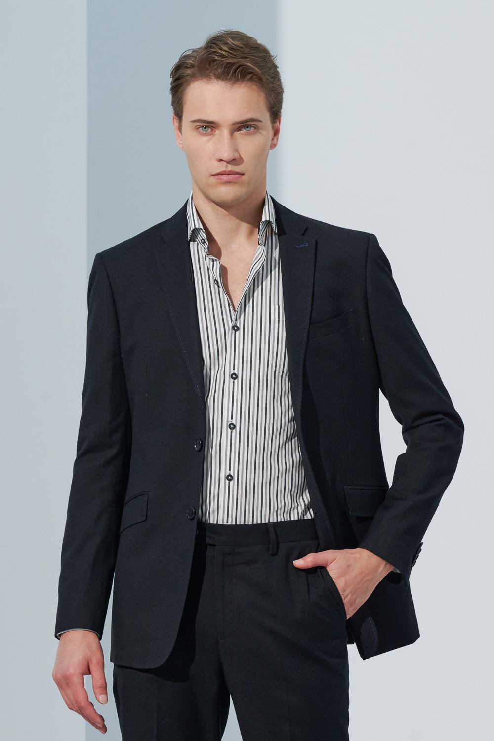 SST&C #Elastic Fit  Designer Black and White Striped Pattern Slim Fit Shirt | 0312302007  (Outlet)_5