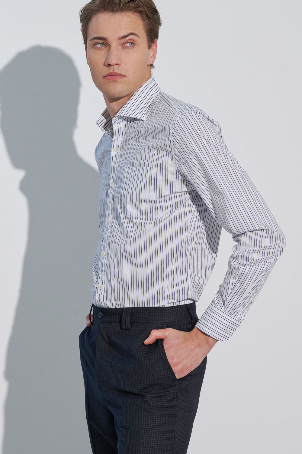 SST&C #Elastic Fit  Blue and White Striped Pattern Slim Fit Shirt | 0312302010  (Outlet)_0