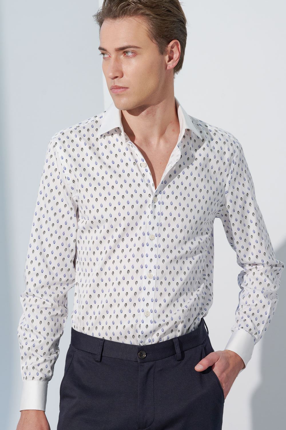 SST&C #Comfortable Cotton  Leaf Printed White Collar White Sleeve Slim Fit Shirt | 0312302014  (Outlet)_0