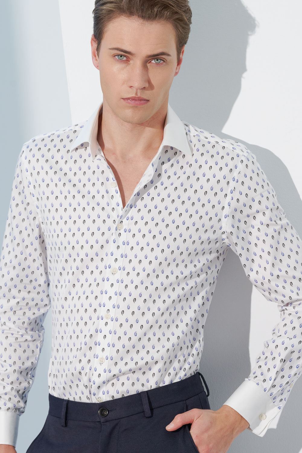 SST&C #Comfortable Cotton  Leaf Printed White Collar White Sleeve Slim Fit Shirt | 0312302014  (Outlet)_1
