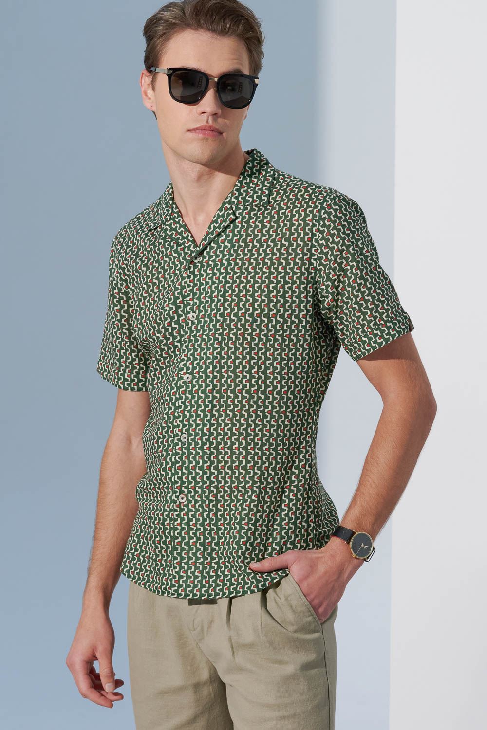 SST&C Orange Dot Printed Cotton and Linen Cuban Collar Standard Short-Sleeved Shirt | 0412302002  (Outlet)_3