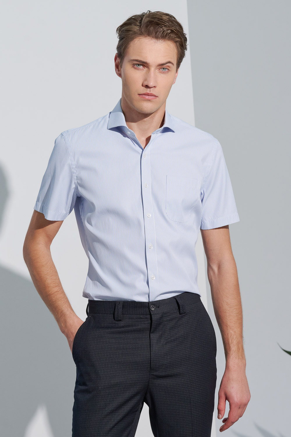 SST&C Tencel Cotton Blue and White Striped Pattern Slim Fit Short-Sleeved Shirt | 0412302007  (Outlet)_0