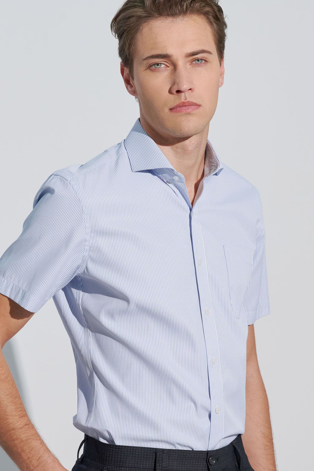SST&C Tencel Cotton Blue and White Striped Pattern Slim Fit Short-Sleeved Shirt | 0412302007  (Outlet)_1