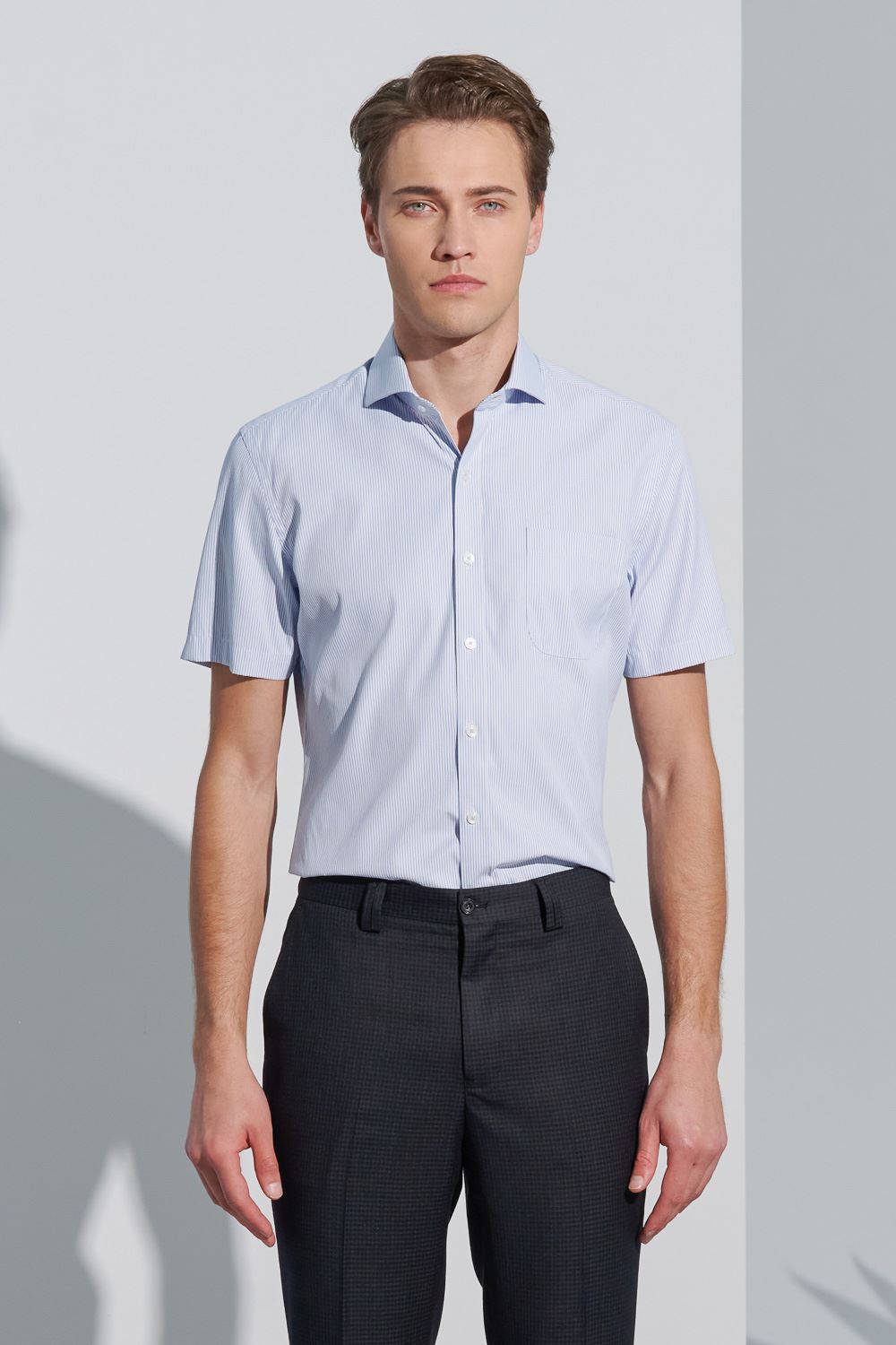 SST&C Tencel Cotton Blue and White Striped Pattern Slim Fit Short-Sleeved Shirt | 0412302007  (Outlet)_2