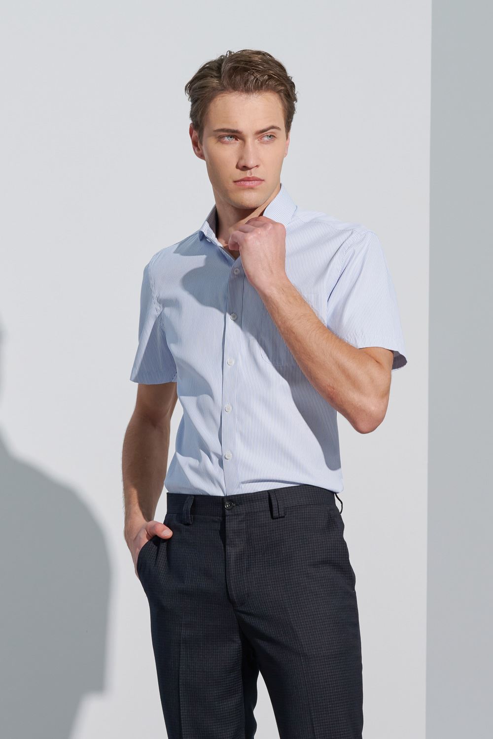 SST&C Tencel Cotton Blue and White Striped Pattern Slim Fit Short-Sleeved Shirt | 0412302007  (Outlet)_3