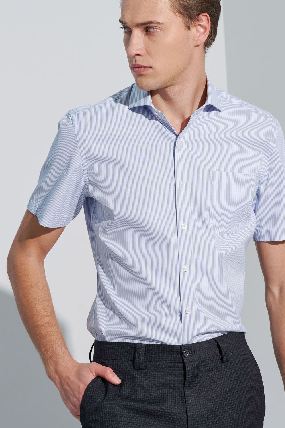 SST&C Tencel Cotton Blue and White Striped Pattern Slim Fit Short-Sleeved Shirt | 0412302007  (Outlet)_5