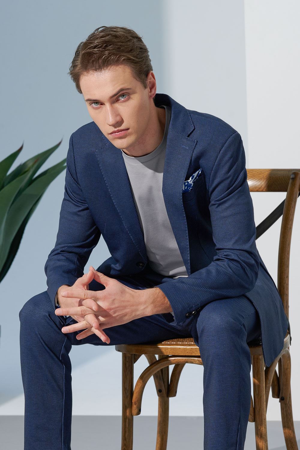 SST&C Navy Striped Pattern Knitted Casual Suit Jacket | 0612302001  (Outlet)_0