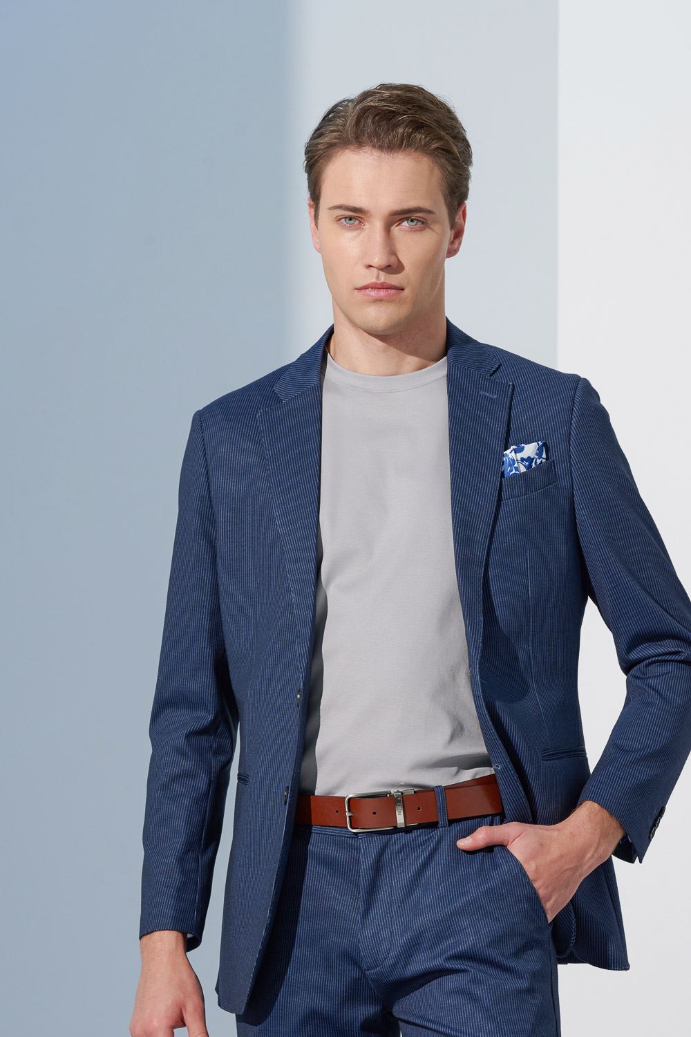 SST&C Navy Striped Pattern Knitted Casual Suit Jacket | 0612302001  (Outlet)_1