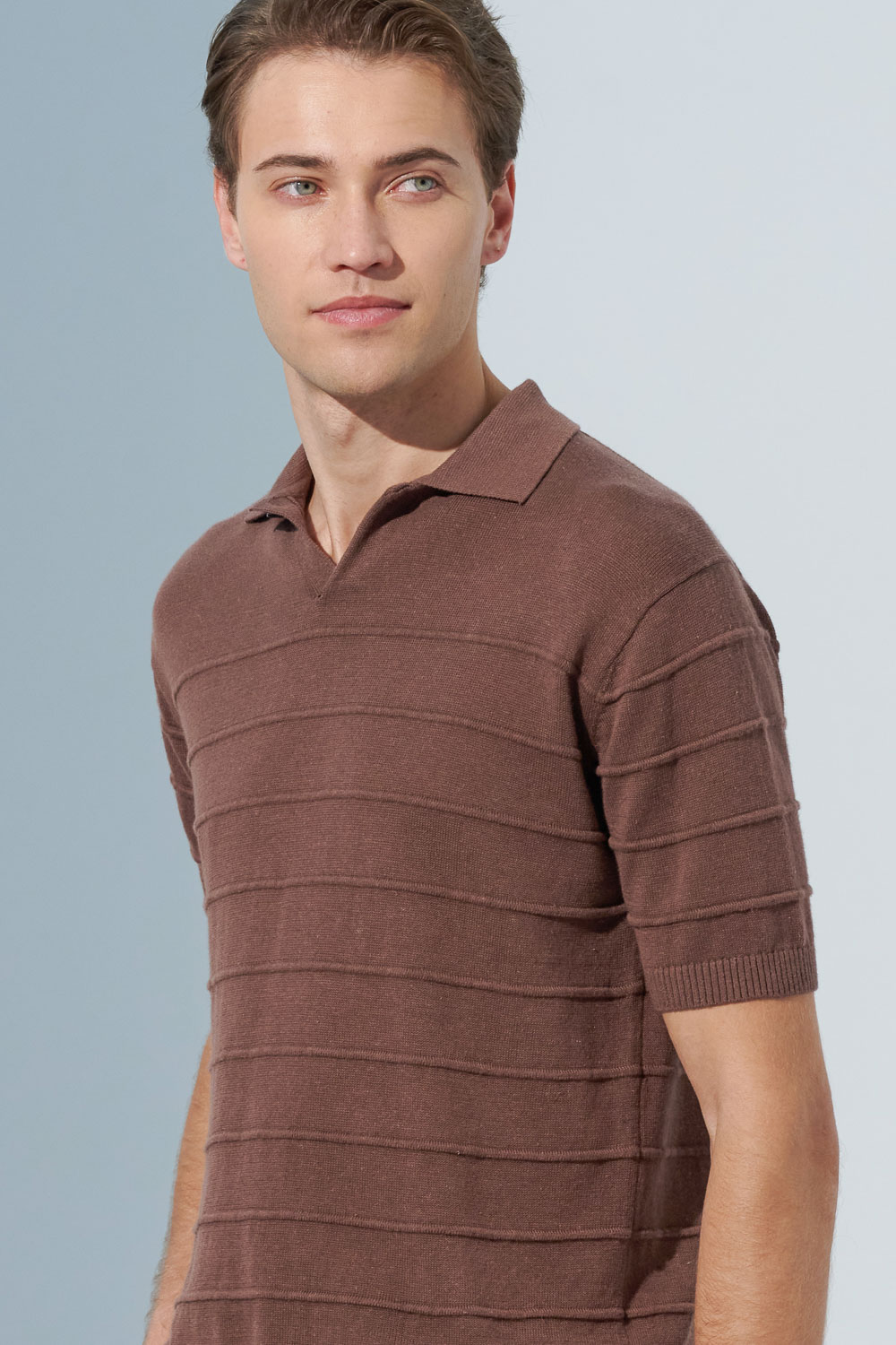 SST&C Camel Brown Single-Button Cotton and Linen Polo Collar Sweater | 1112302006  (Outlet)_0