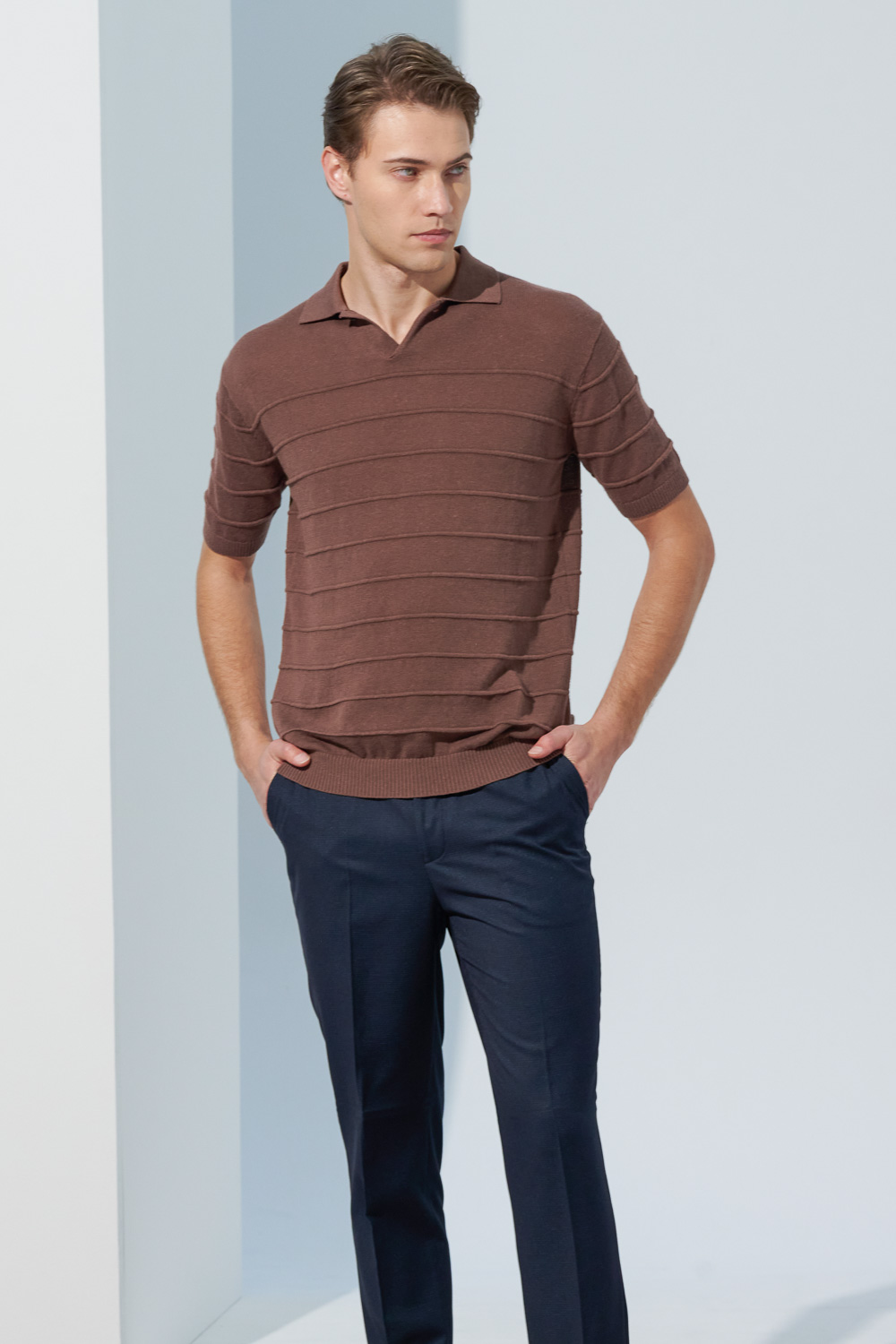 SST&C Camel Brown Single-Button Cotton and Linen Polo Collar Sweater | 1112302006  (Outlet)_2