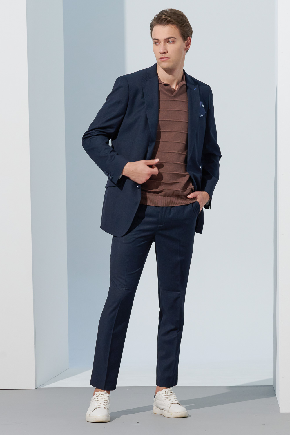 SST&C Camel Brown Single-Button Cotton and Linen Polo Collar Sweater | 1112302006  (Outlet)_3
