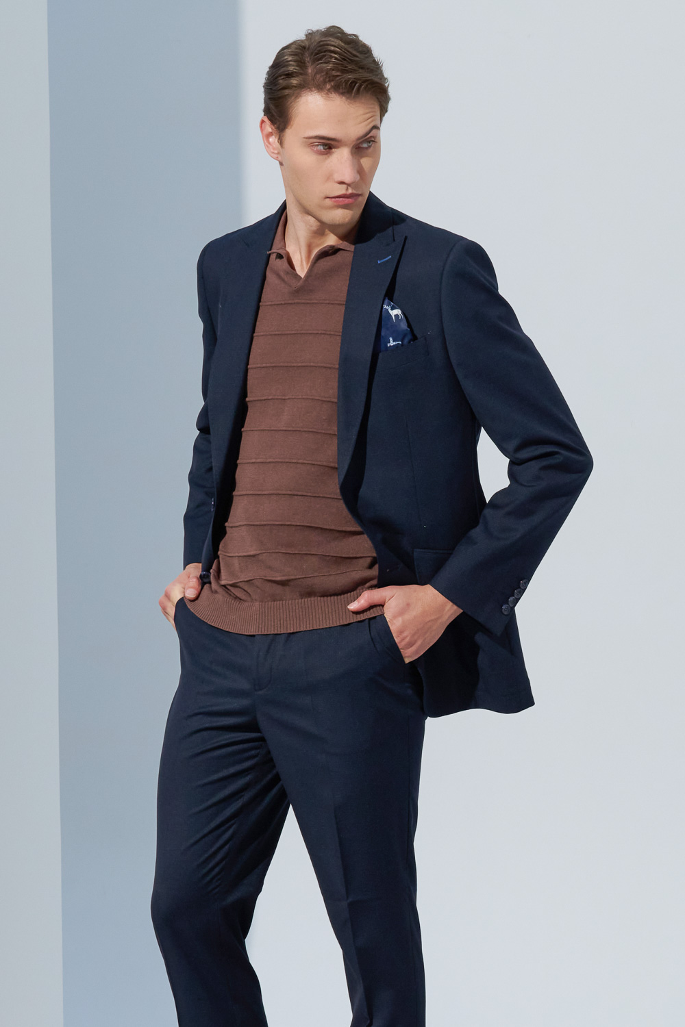 SST&C Camel Brown Single-Button Cotton and Linen Polo Collar Sweater | 1112302006  (Outlet)_4