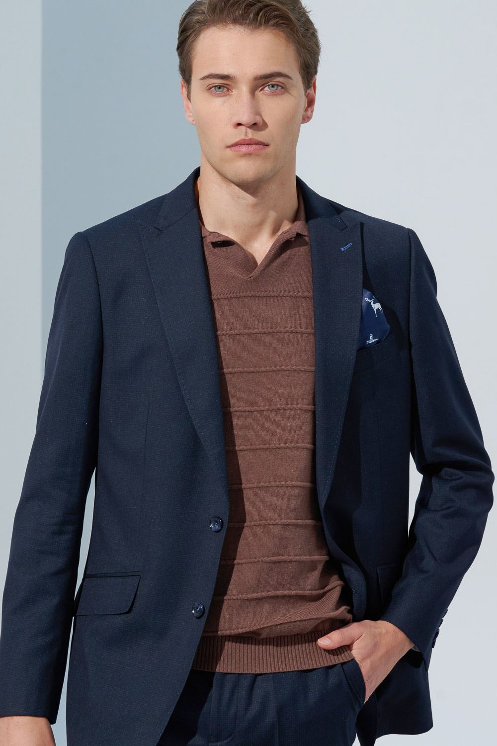 SST&C Camel Brown Single-Button Cotton and Linen Polo Collar Sweater | 1112302006  (Outlet)_5