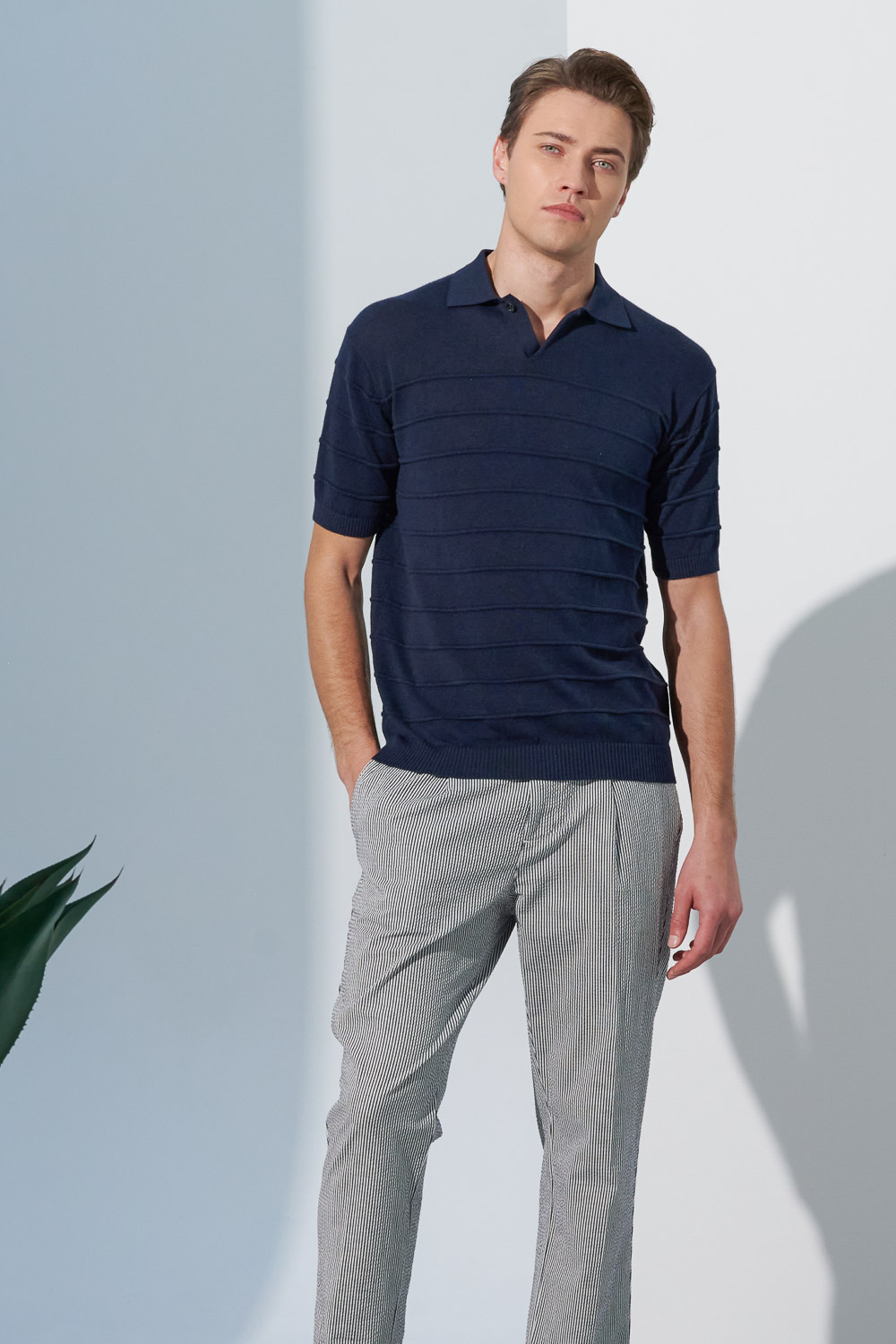 SST&C Ink Blue Single-Button Cotton and Linen Polo Collar Sweater | 1112302007  (Outlet)_2
