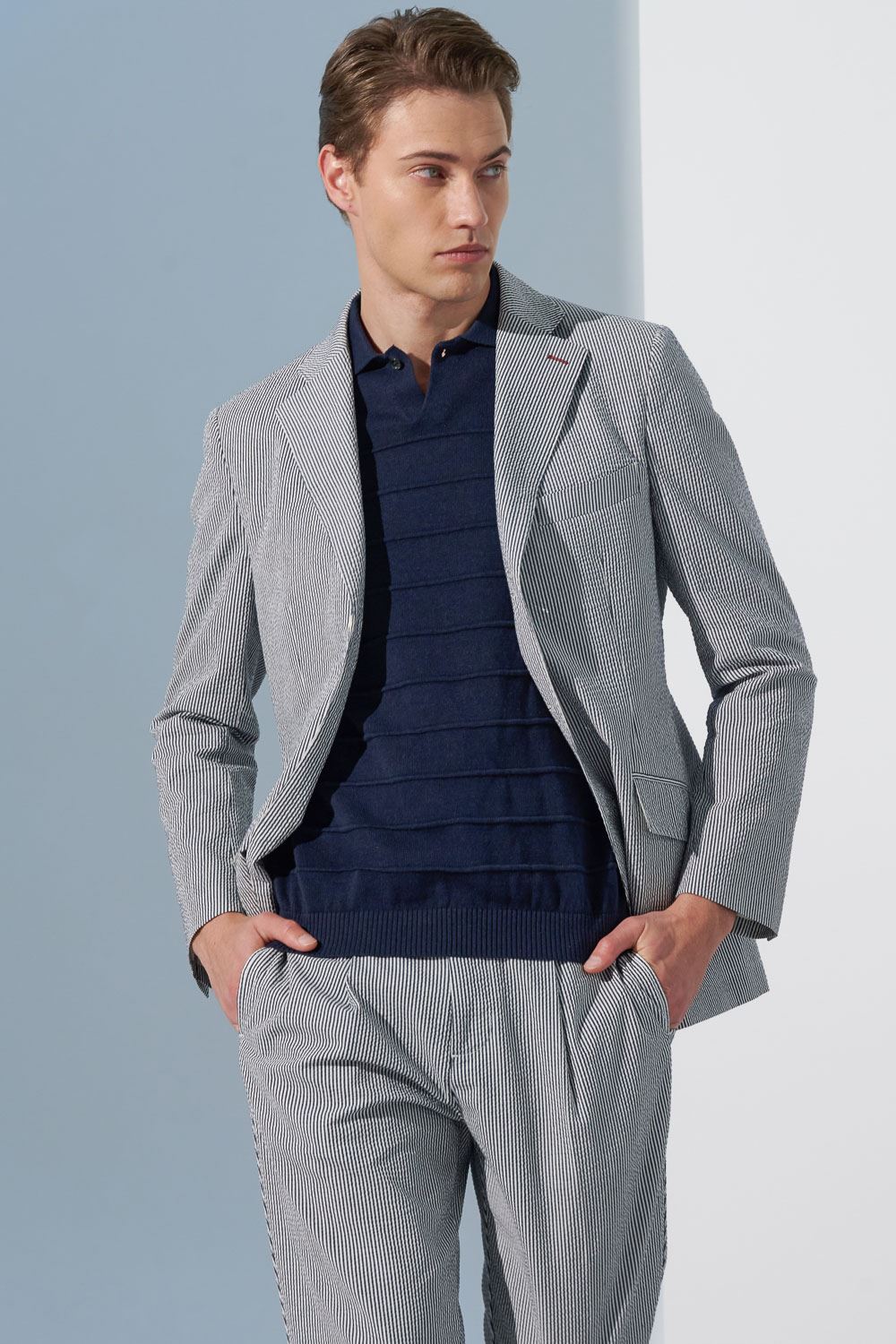 SST&C Ink Blue Single-Button Cotton and Linen Polo Collar Sweater | 1112302007  (Outlet)_4