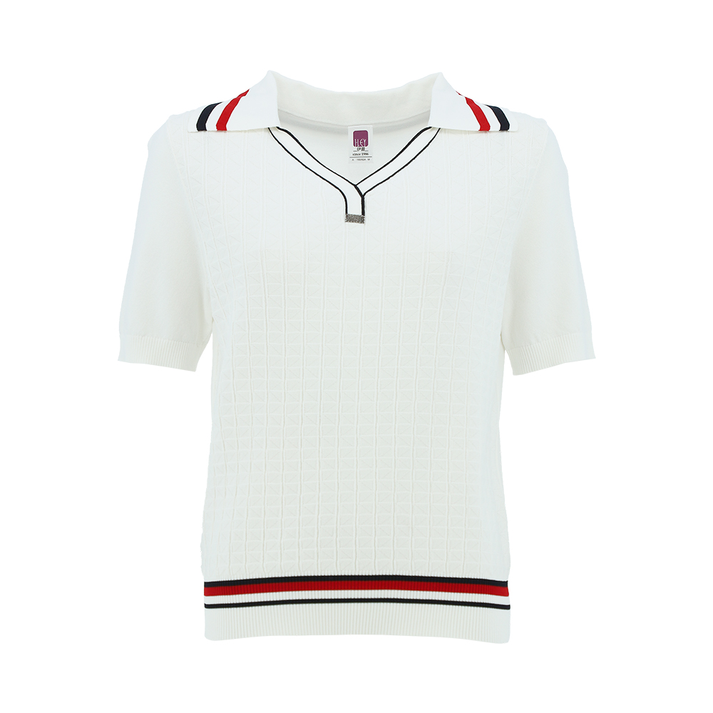 ILEY伊蕾 休閒撞色Y字領縲縈針織上衣(白色；M-XL)1231375003_4