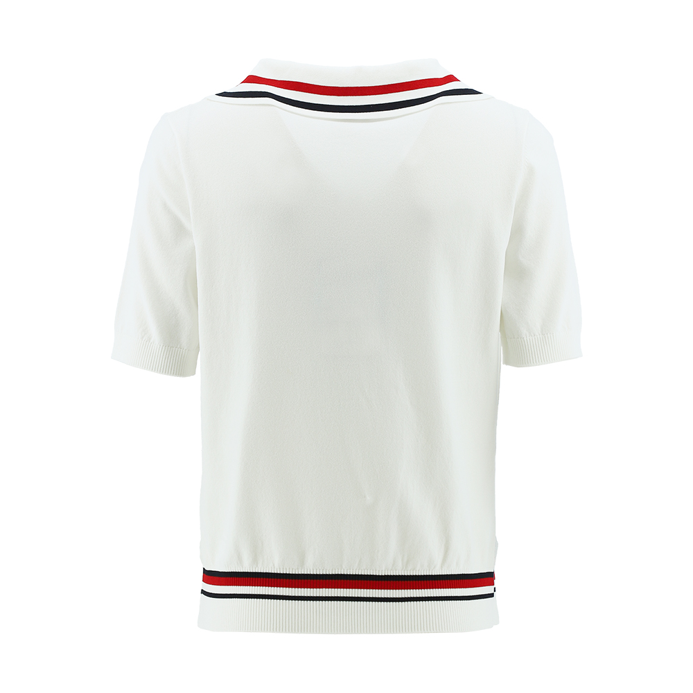 ILEY伊蕾 休閒撞色Y字領縲縈針織上衣(白色；M-XL)1231375003_5