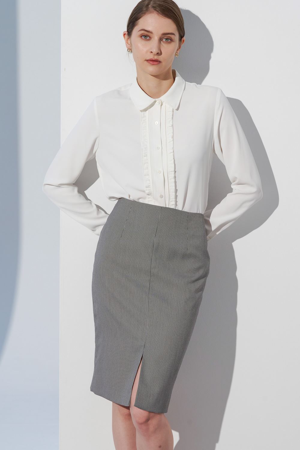 SST&C Gray and White Houndstooth Pattern Slit Skirt | 7462302001  (Outlet)_1
