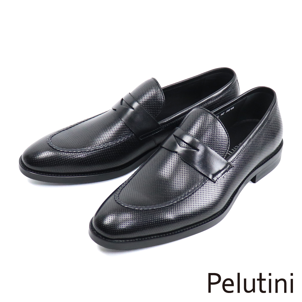 【Pelutini】壓紋多孔造型便士樂福鞋 黑色(PE28845-BL)