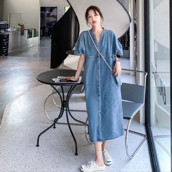 連身裙．牛仔排釦寬鬆短袖V領長洋裝．白鳥麗子_2