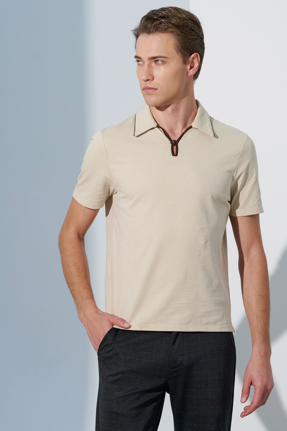 SST&C Light Wheat Single Button Contrast Trim Polo Shirt | 1012303003  (Outlet)_0