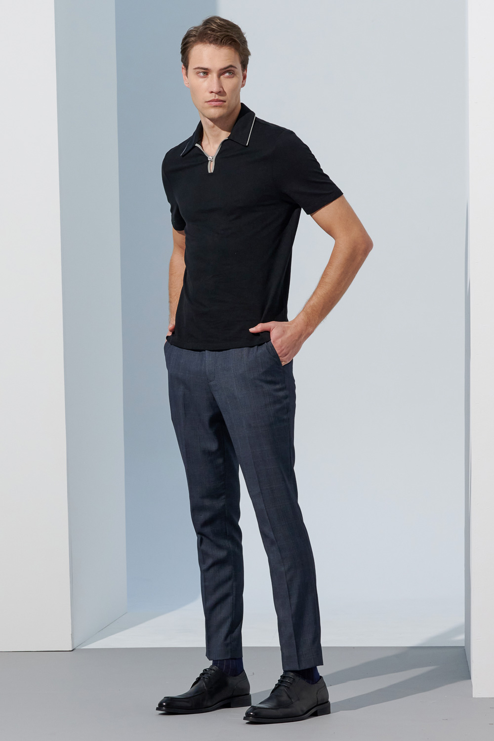 SST&C Black Single Button Contrast Trimming Polo Shirt | 1012303004  (Outlet)_2