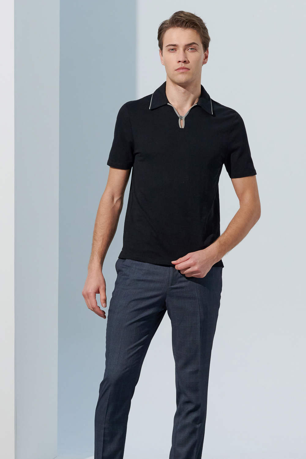 SST&C Black Single Button Contrast Trimming Polo Shirt | 1012303004  (Outlet)_3