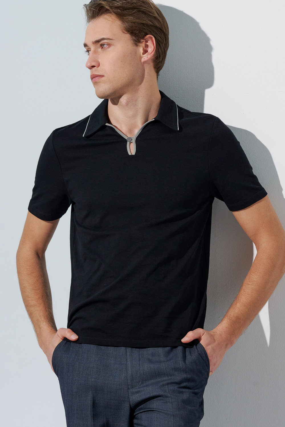 SST&C Black Single Button Contrast Trimming Polo Shirt | 1012303004  (Outlet)_4