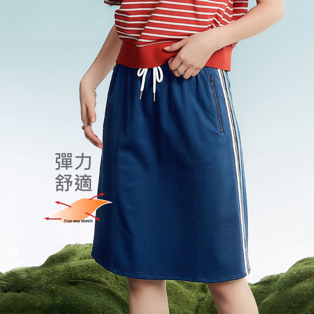 OUWEY歐薇 運動風撞色織帶抽繩鬆緊及膝羅馬布裙(深藍色；S-L)3232322106_0