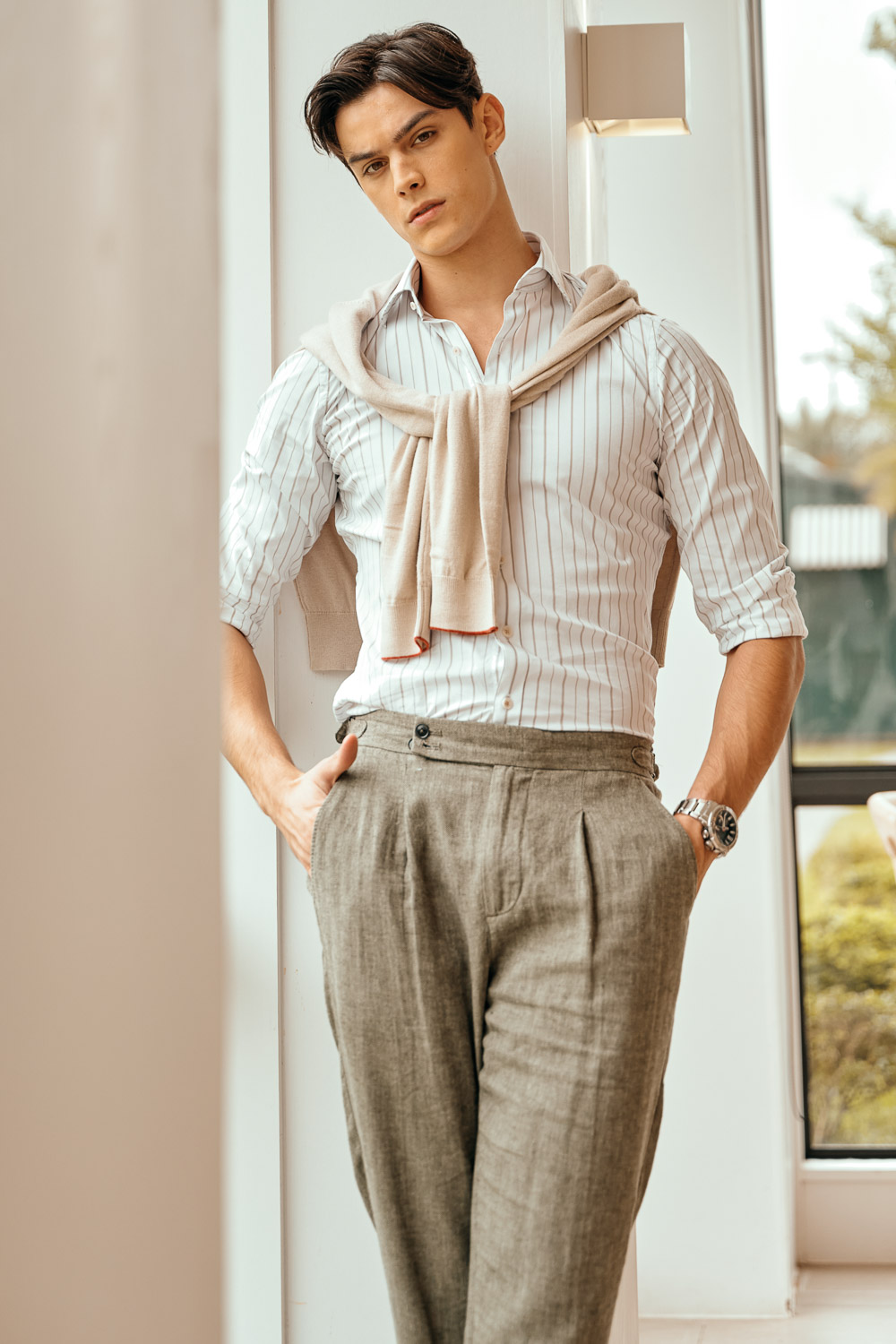 SST&C Dark Green Cotton and Linen Loose Fit Pleated Casual Trousers | 1212303001  (Outlet)_6