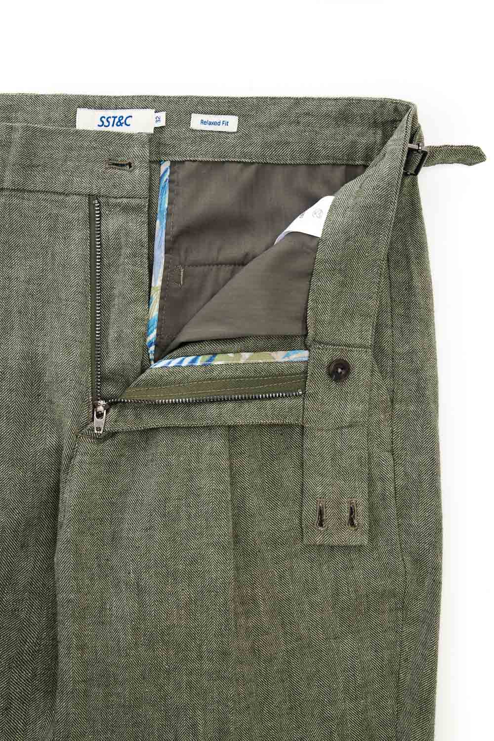 SST&C Dark Green Cotton and Linen Loose Fit Pleated Casual Trousers | 1212303001  (Outlet)_9