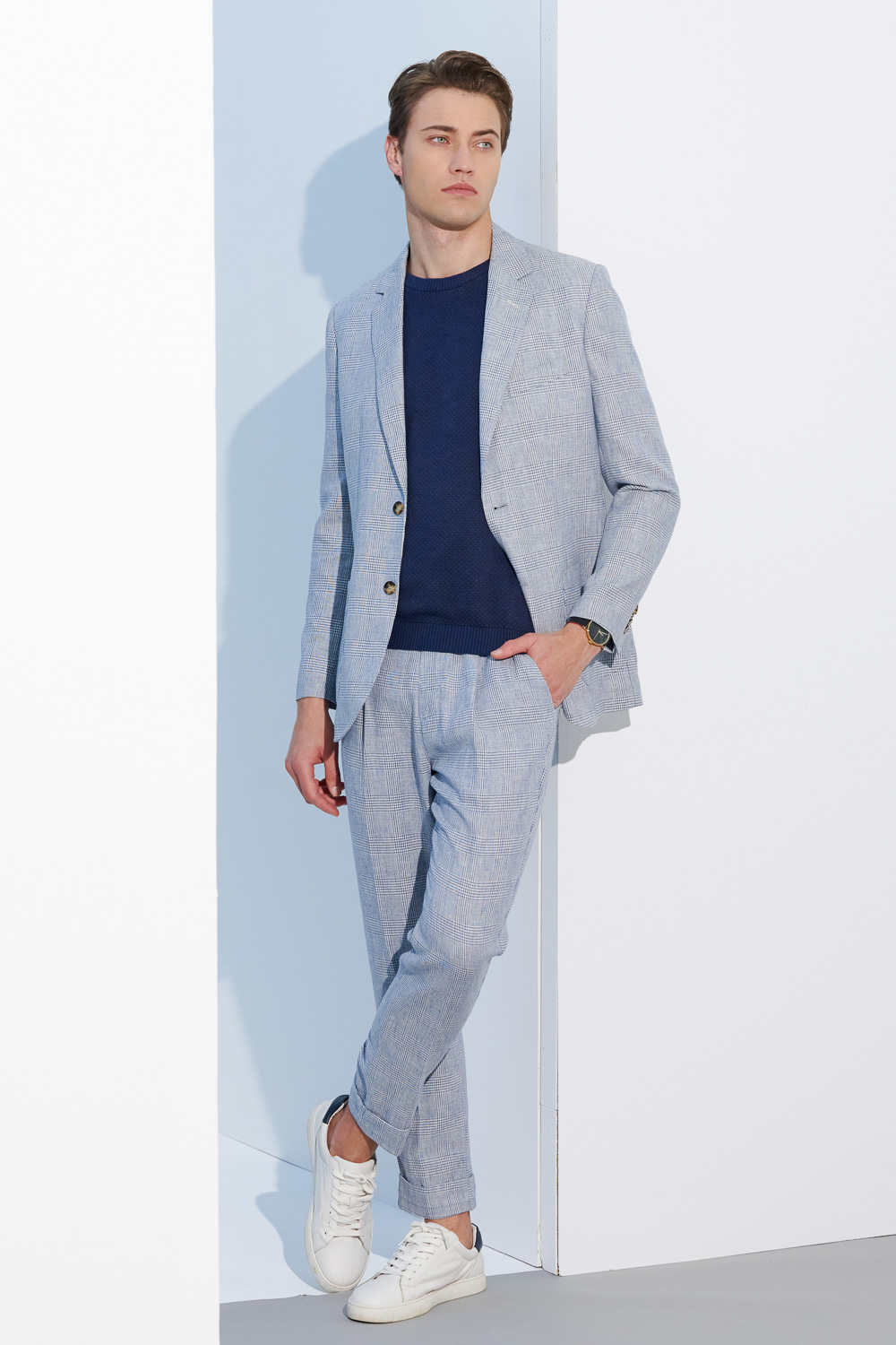 SST&C Light Blue Check Pattern Loose Fit Pleated Casual Trousers | 1212303002  (Outlet)_0