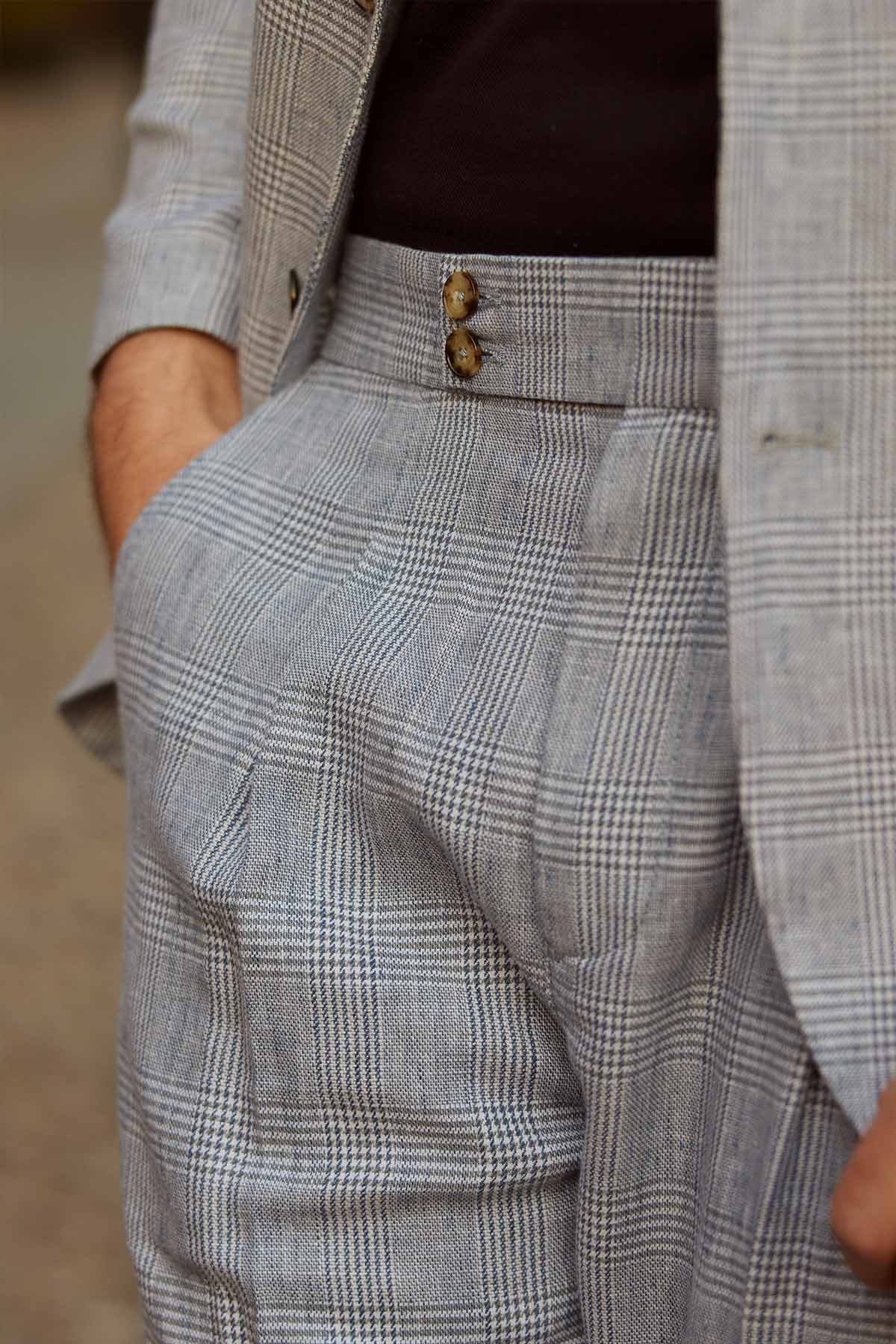 SST&C Light Blue Check Pattern Loose Fit Pleated Casual Trousers | 1212303002  (Outlet)_3