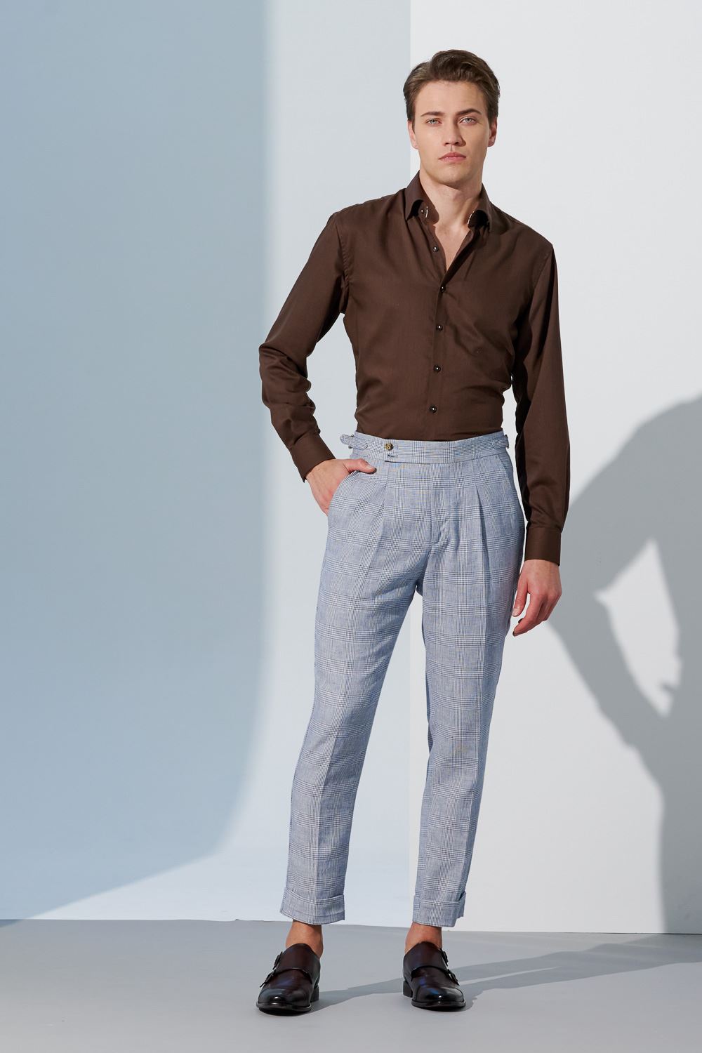 SST&C Light Blue Check Pattern Loose Fit Pleated Casual Trousers | 1212303002  (Outlet)_4
