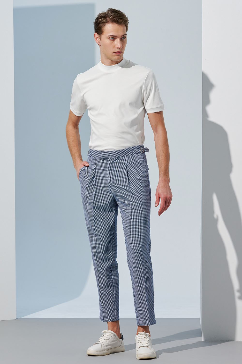 SST&C Sky Blue Houndstooth Loose-Fit Pleated Track Trousers | 1212303003  (Outlet)_0