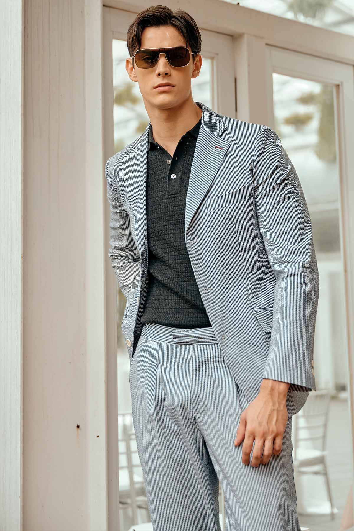 SST&C Gray and Blue Striped Pattern Seersucker Loose Fit Pleated Casual Trousers | 1212303005  (Outlet)_1