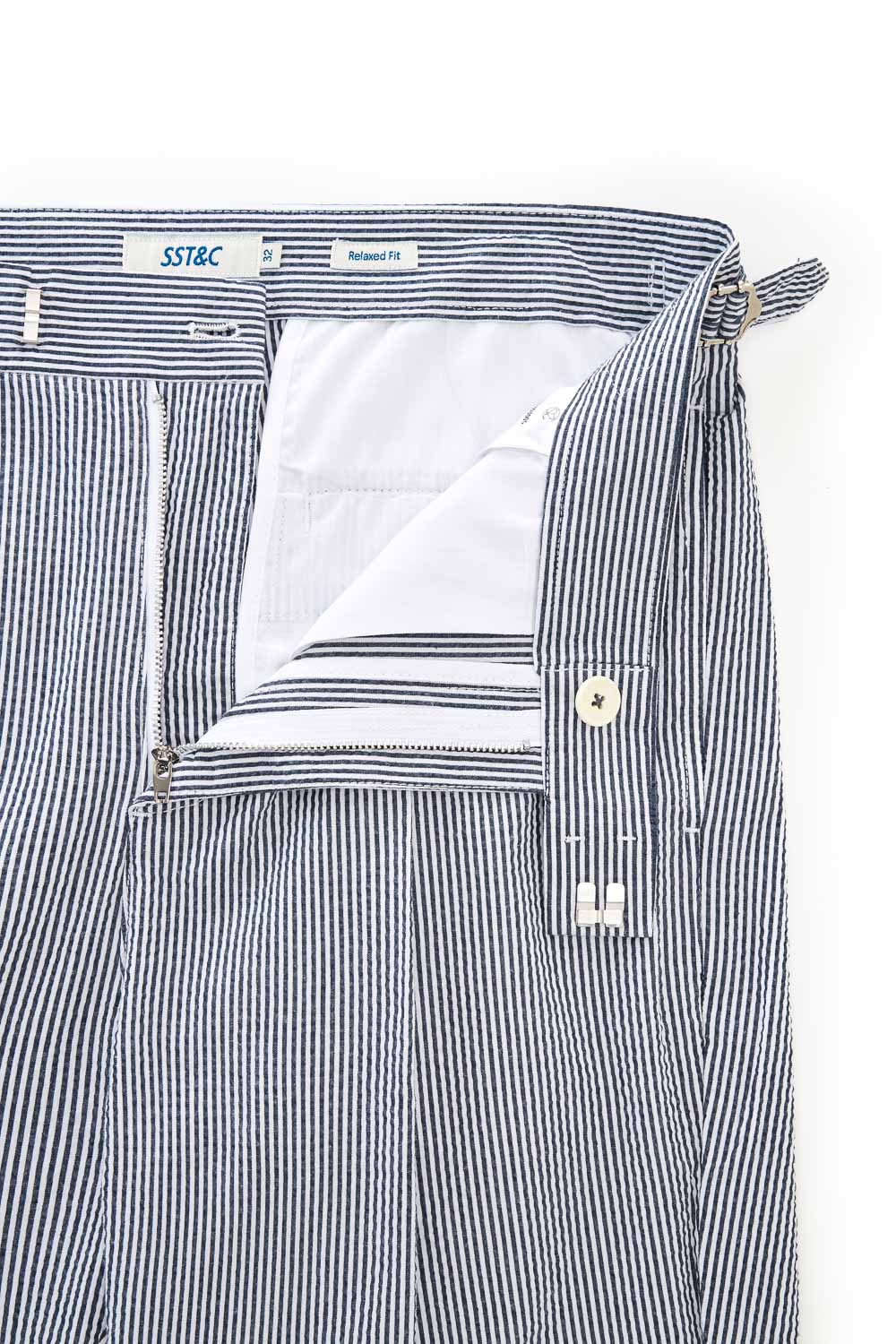 SST&C Gray and Blue Striped Pattern Seersucker Loose Fit Pleated Casual Trousers | 1212303005  (Outlet)_9
