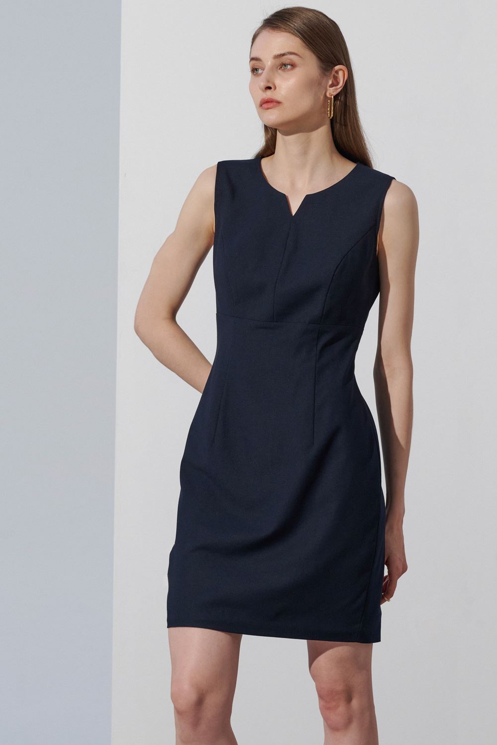 SST&C Dark Blue Waist-Cinched Sleeveless Dress With Styling Collar | 8562303001  (Outlet)_0