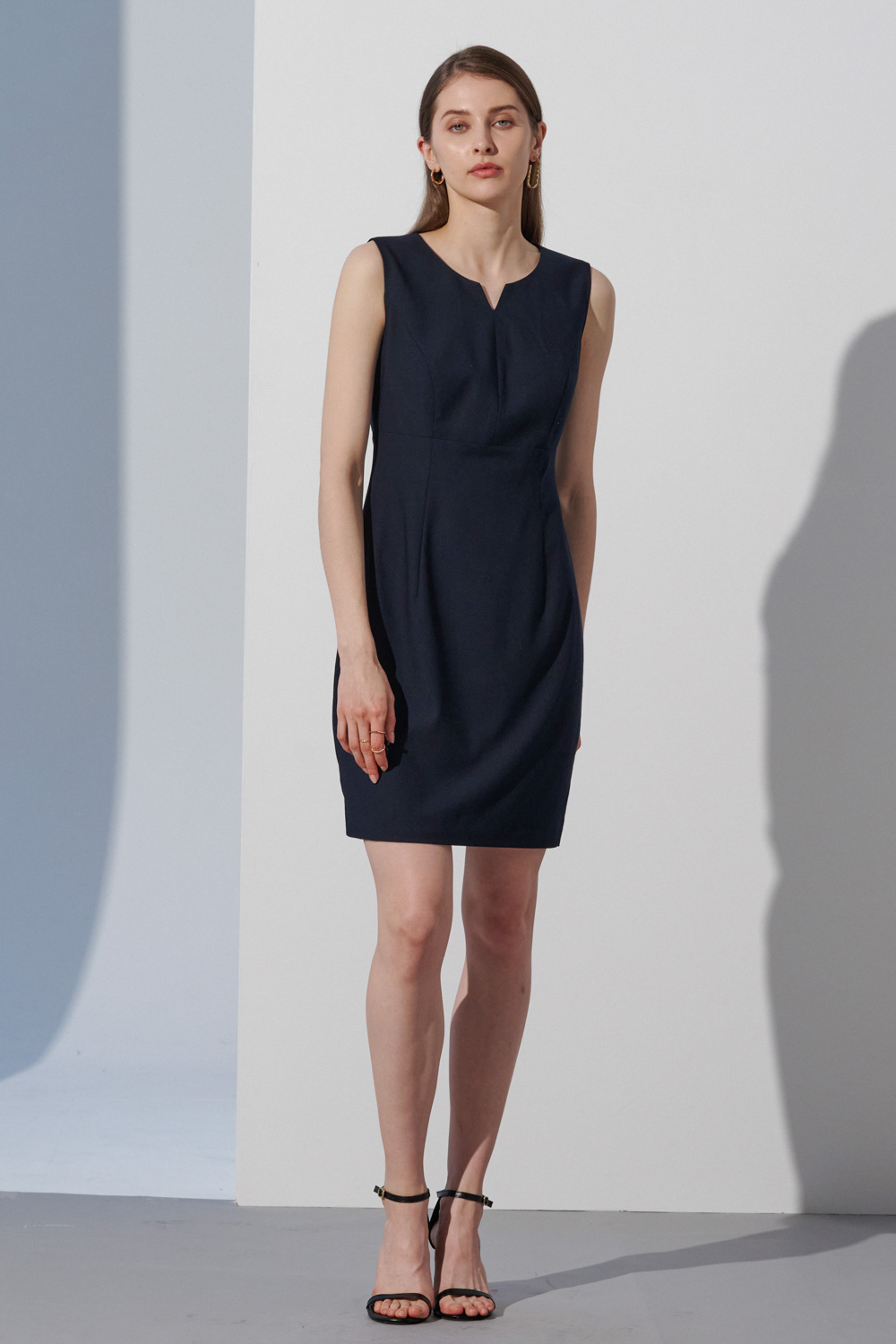 SST&C Dark Blue Waist-Cinched Sleeveless Dress With Styling Collar | 8562303001  (Outlet)_1