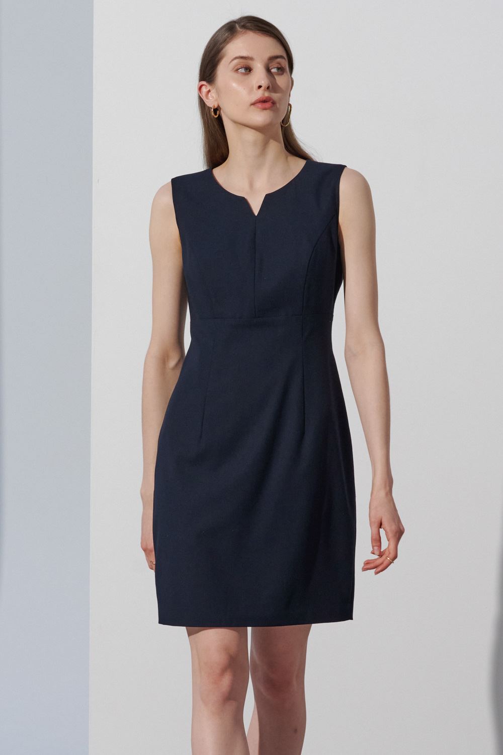 SST&C Dark Blue Waist-Cinched Sleeveless Dress With Styling Collar | 8562303001  (Outlet)_2