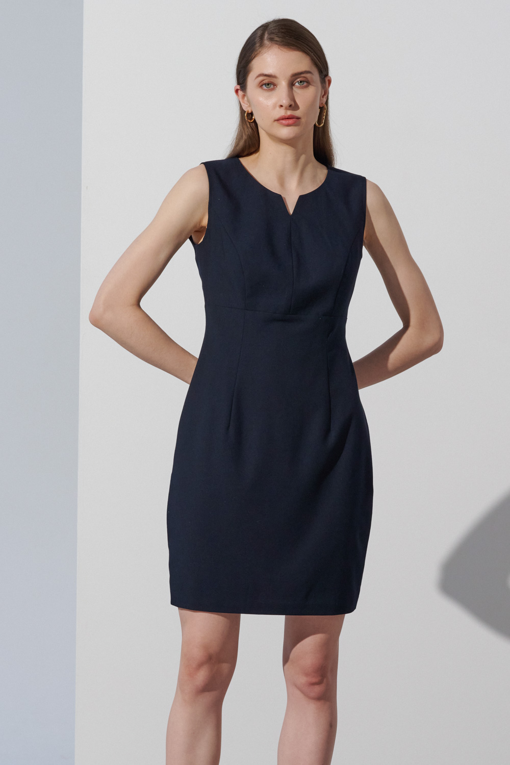 SST&C Dark Blue Waist-Cinched Sleeveless Dress With Styling Collar | 8562303001  (Outlet)_3
