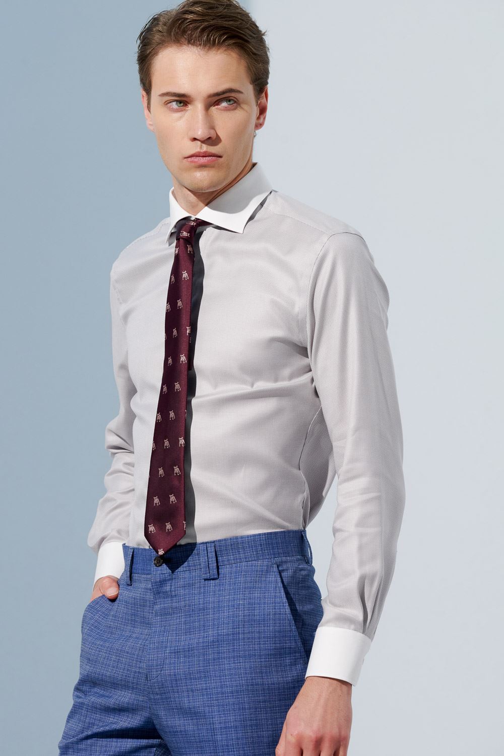 SST&C #Milan Series  Anti-Wrinkle Gray Textured White Collar White Sleeve Slim Fit Shirt | 0312303003  (Outlet)_0