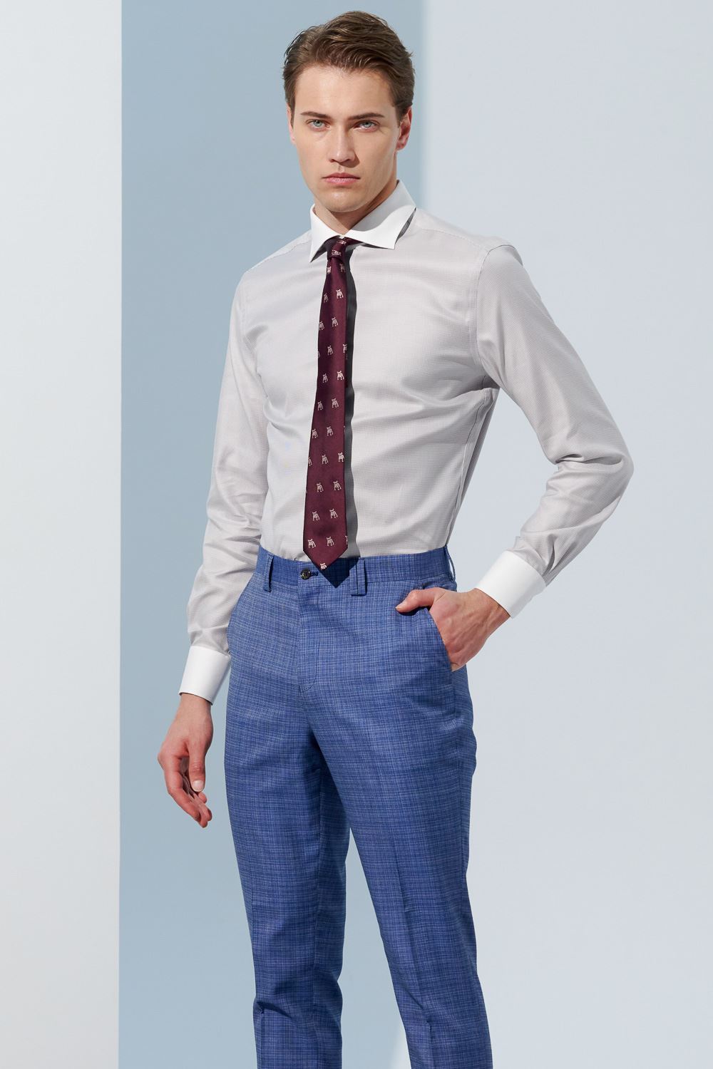 SST&C #Milan Series  Anti-Wrinkle Gray Textured White Collar White Sleeve Slim Fit Shirt | 0312303003  (Outlet)_1