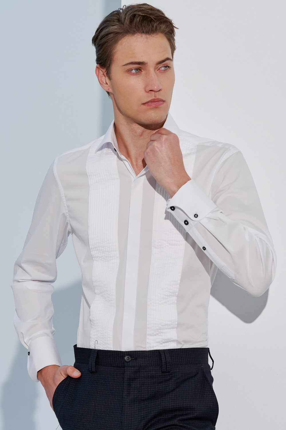 SST&C #Elastic Fit  Slim Fit White Shirt With Pleated Italian Cuffs On The Front | 0312303025  (Outlet)_0